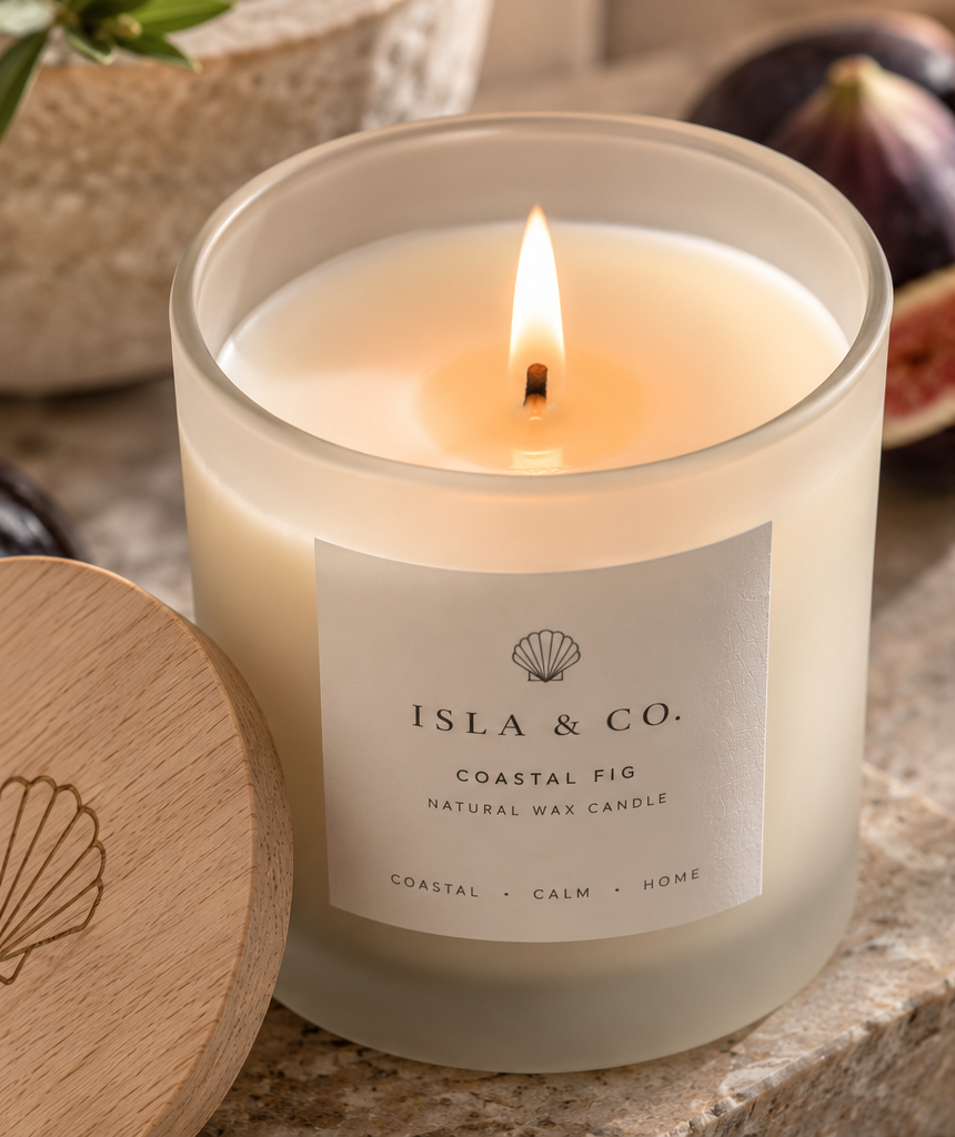 Coastal Fig candle lit in frosted glass with natural wooden lid and fresh figs