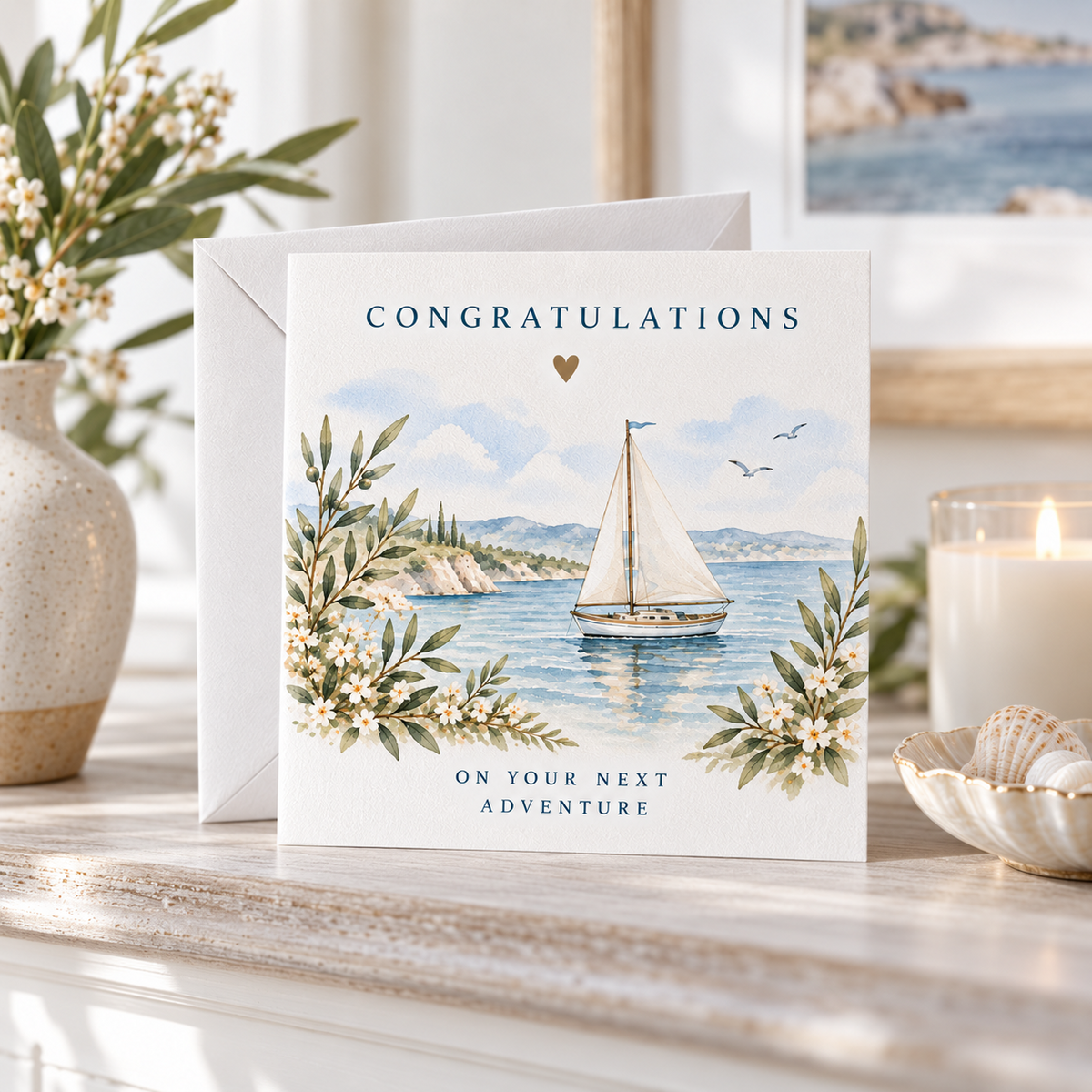Congratulations coastal greeting card styled in a warm coastal home setting