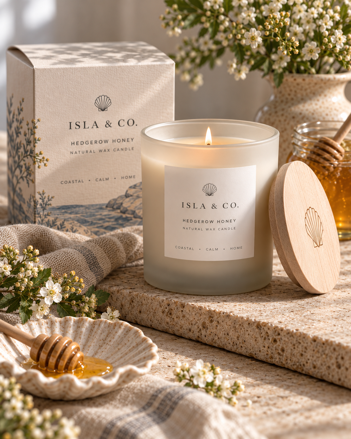 Hedgerow Honey candle with presentation box in a warm coastal home setting