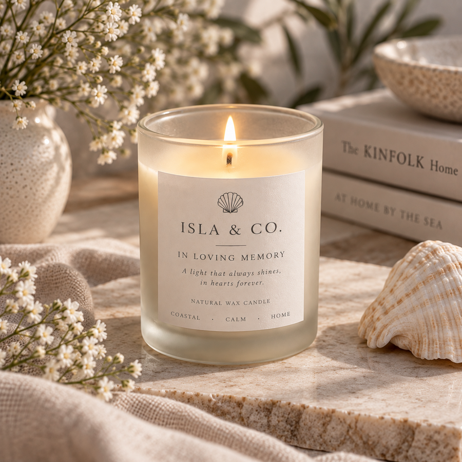 Isla & Co In Loving Memory candle lit in frosted glass in a soft coastal setting
