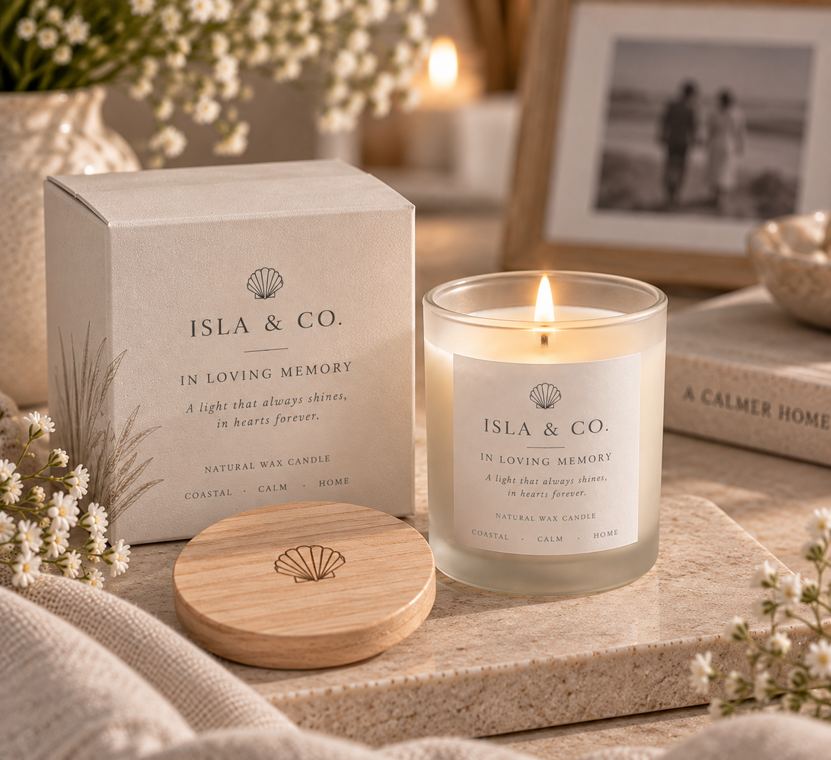 Isla & Co In Loving Memory candle with presentation box and natural wooden lid