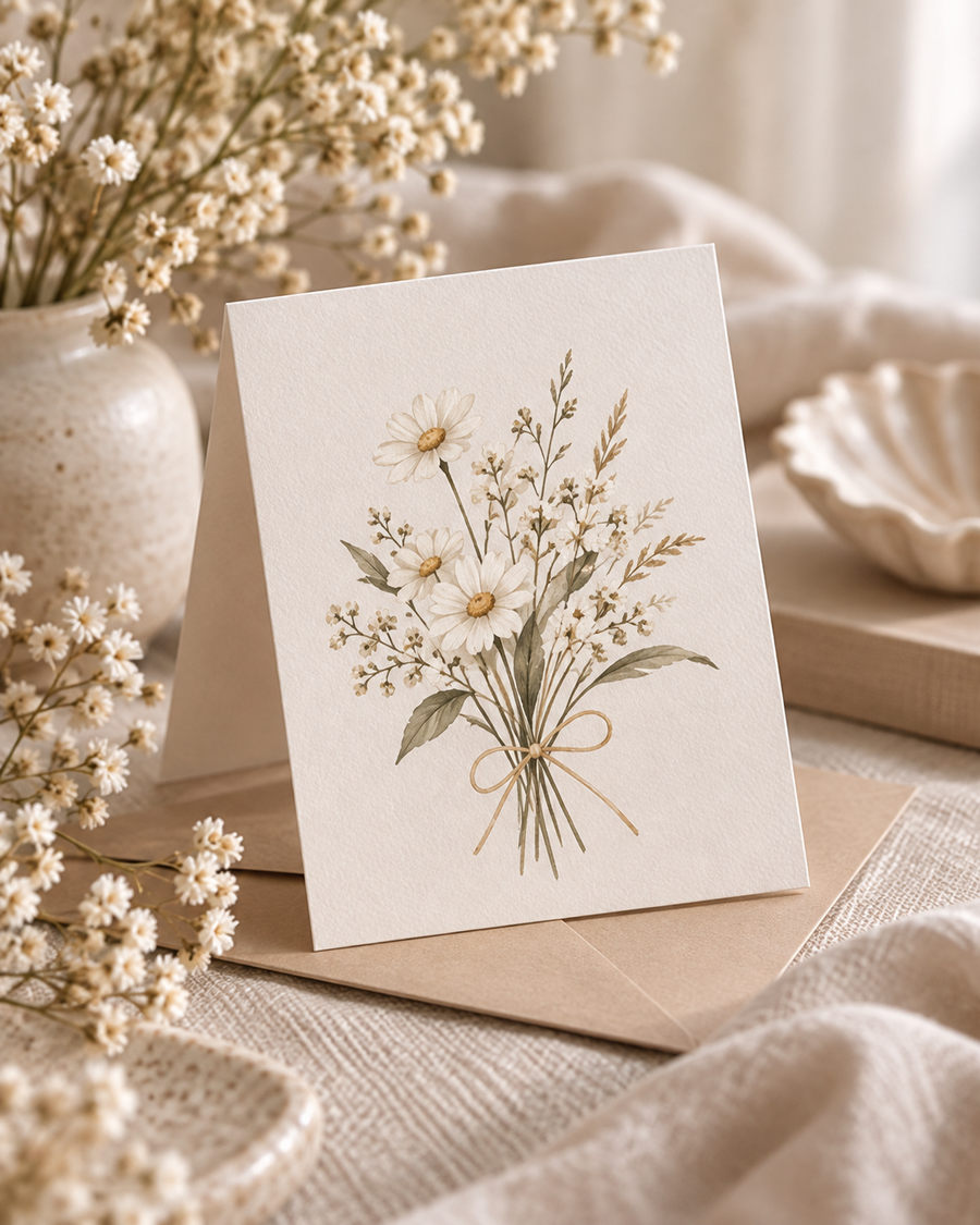 Elegant botanical greeting card styled with soft neutral flowers