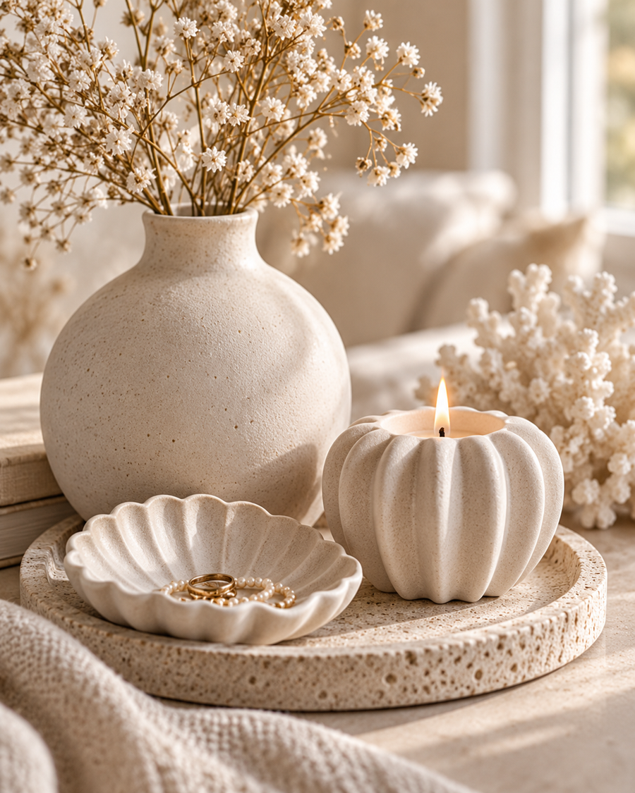 Neutral coastal homeware with sculptural candle holder and shell dish