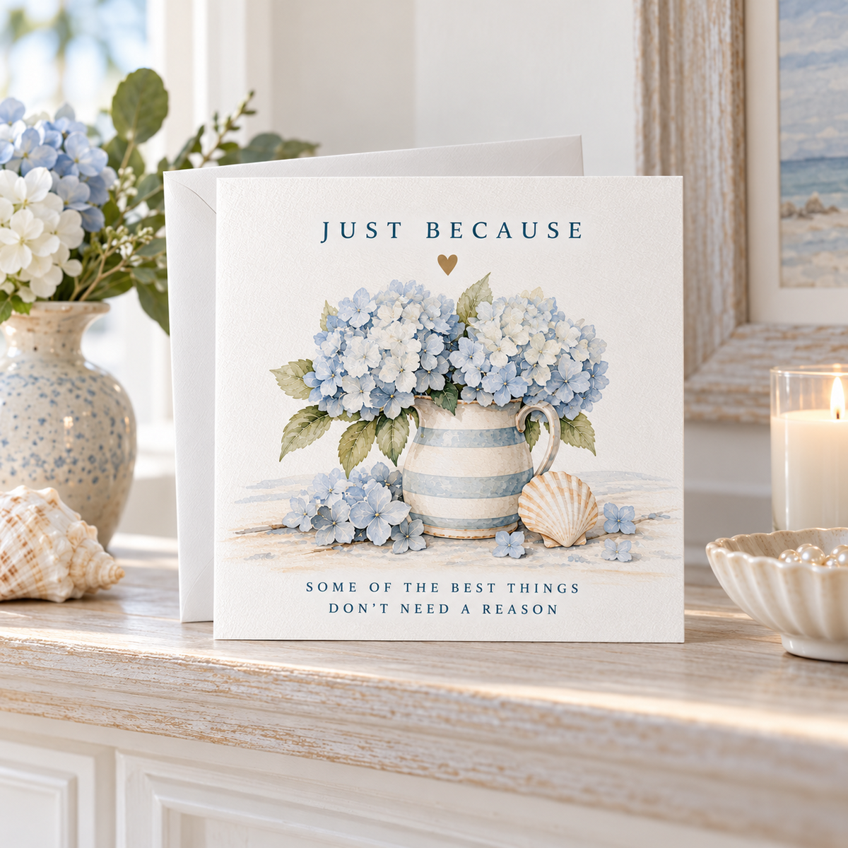 Just Because coastal greeting card styled in a warm coastal home setting