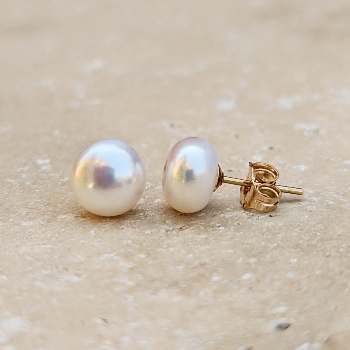 Mae Button Pearl Stud Earrings in gold filled