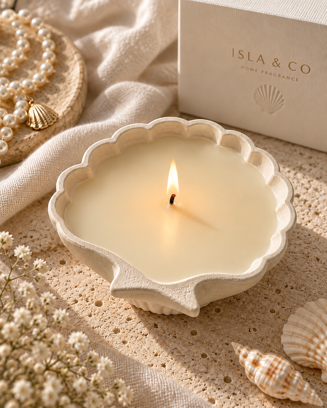 The Pearl Candle lit in a shell-shaped stone vessel with Isla & Co gift box