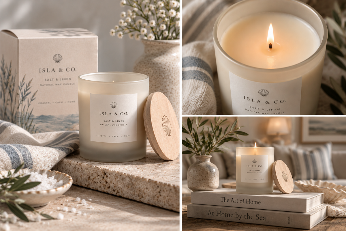 Salt & Linen candle image set showing product, lit close-up and lifestyle styling