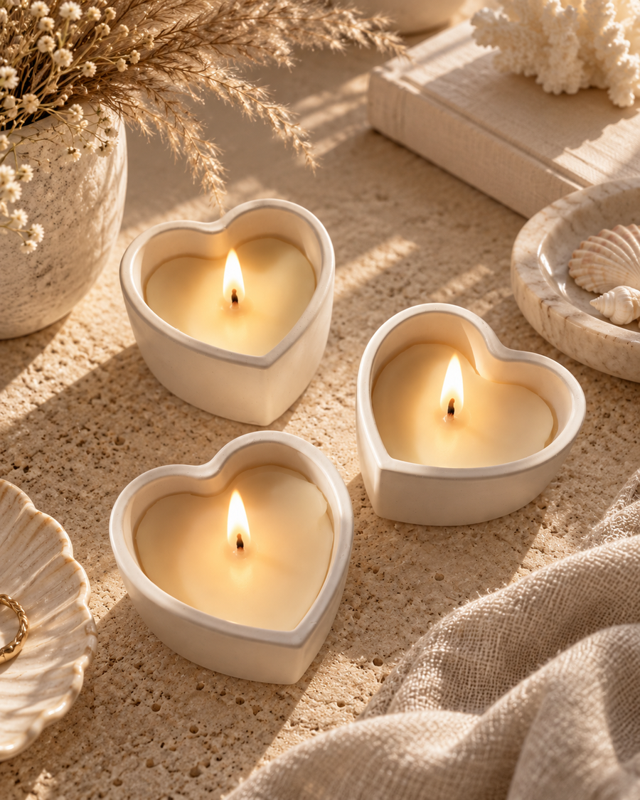 Stone Heart Candle Set with three lit heart candles in a warm coastal setting