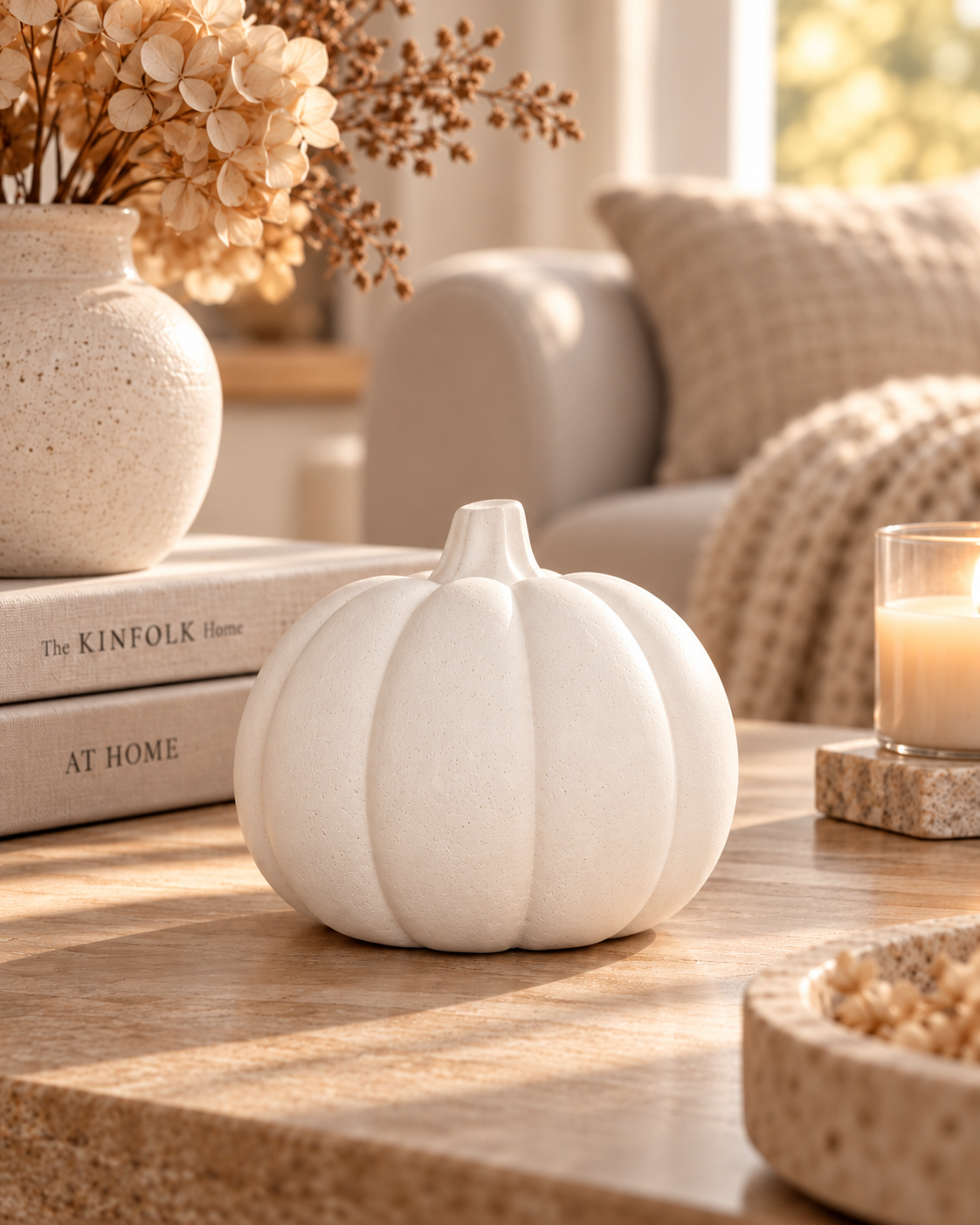 White stone pumpkin ornament on a coffee table in a cosy autumn interior