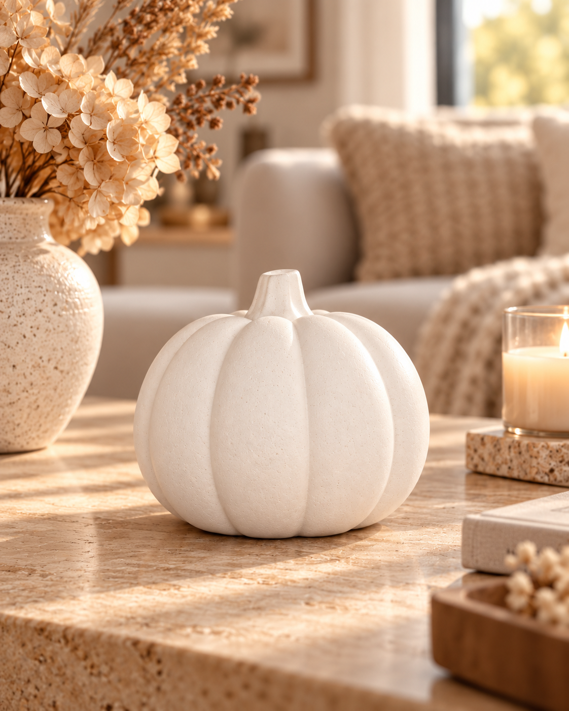 Stone pumpkin ornament in a softly lit neutral lounge setting
