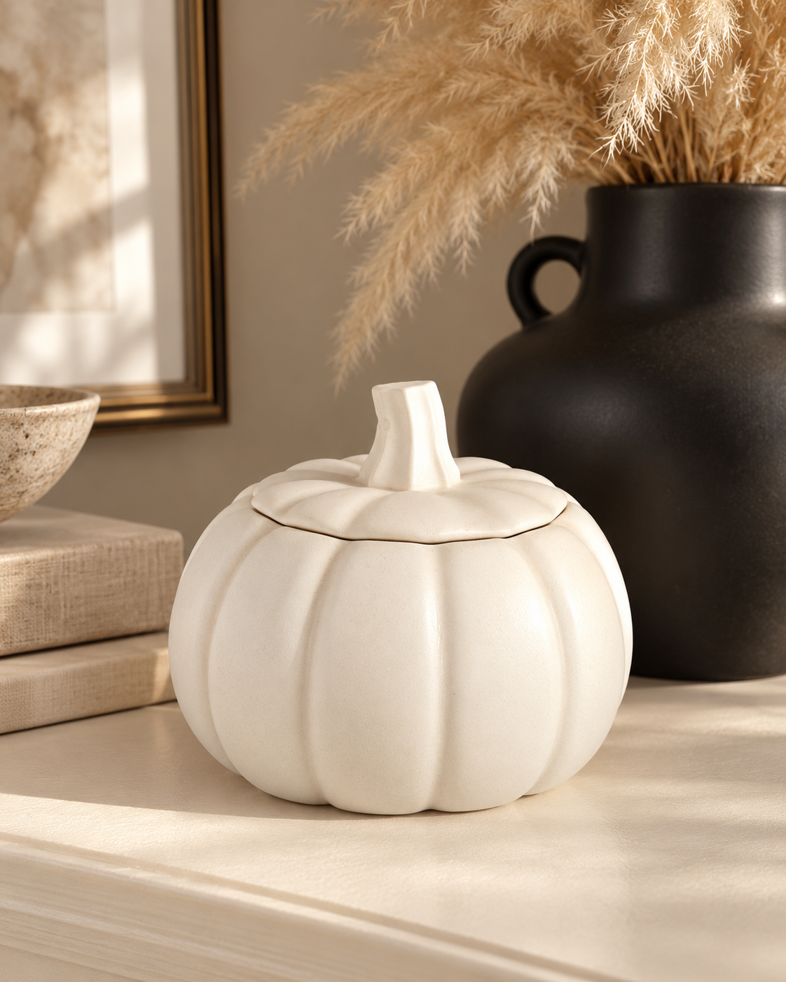 Stone pumpkin trinket pot styled in a warm neutral interior