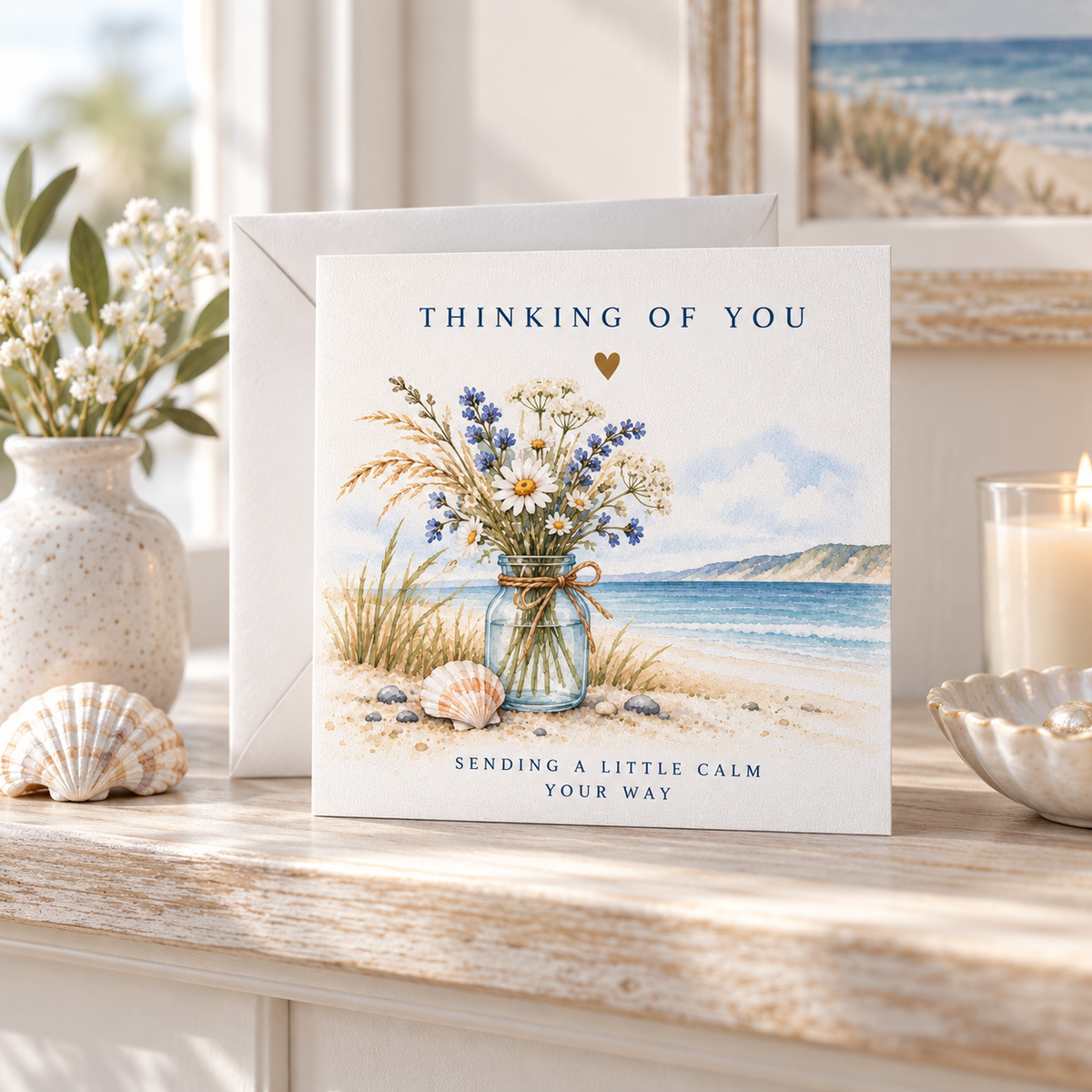 Thinking of You coastal greeting card styled in a warm coastal home setting