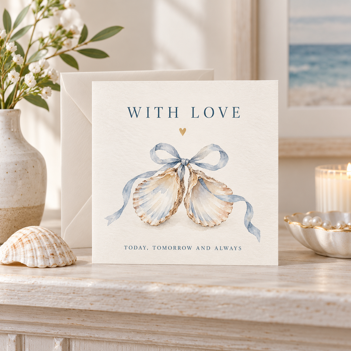 With Love coastal greeting card styled in a warm coastal home setting