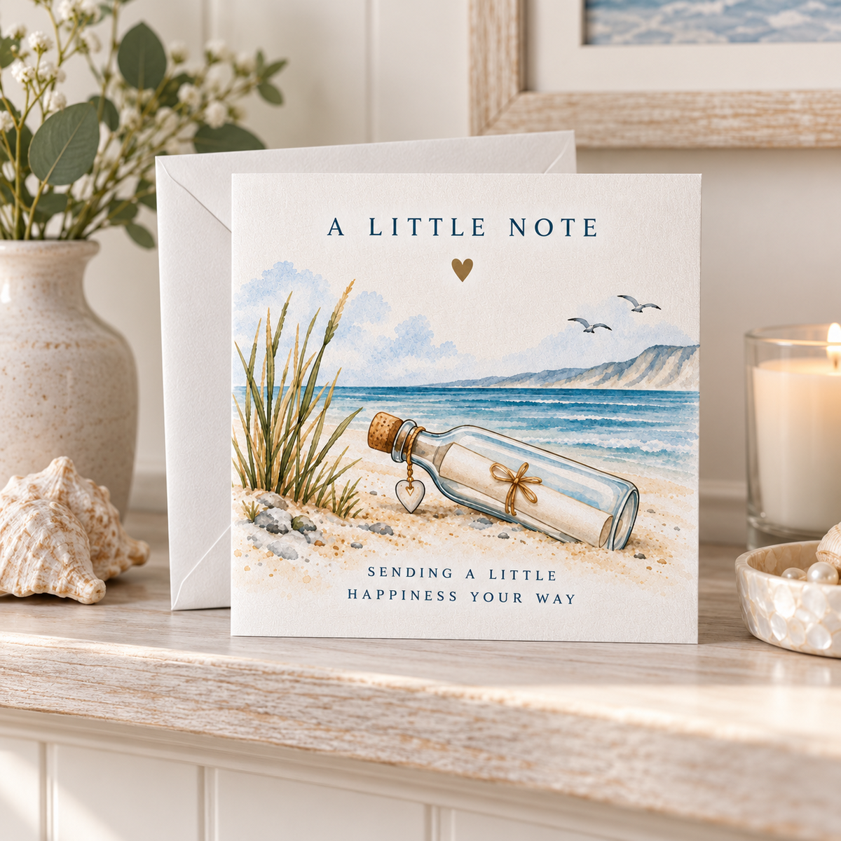 A Little Note coastal greeting card styled in a warm coastal home setting