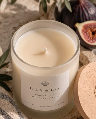 Top view of Coastal Fig candle with natural wooden lid and figs
