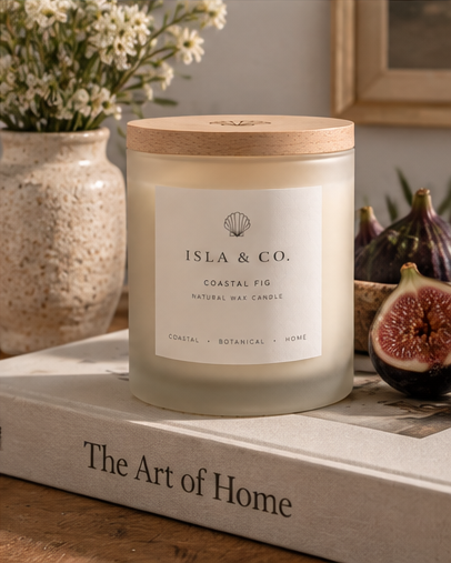 Coastal Fig candle styled in a warm coastal home setting