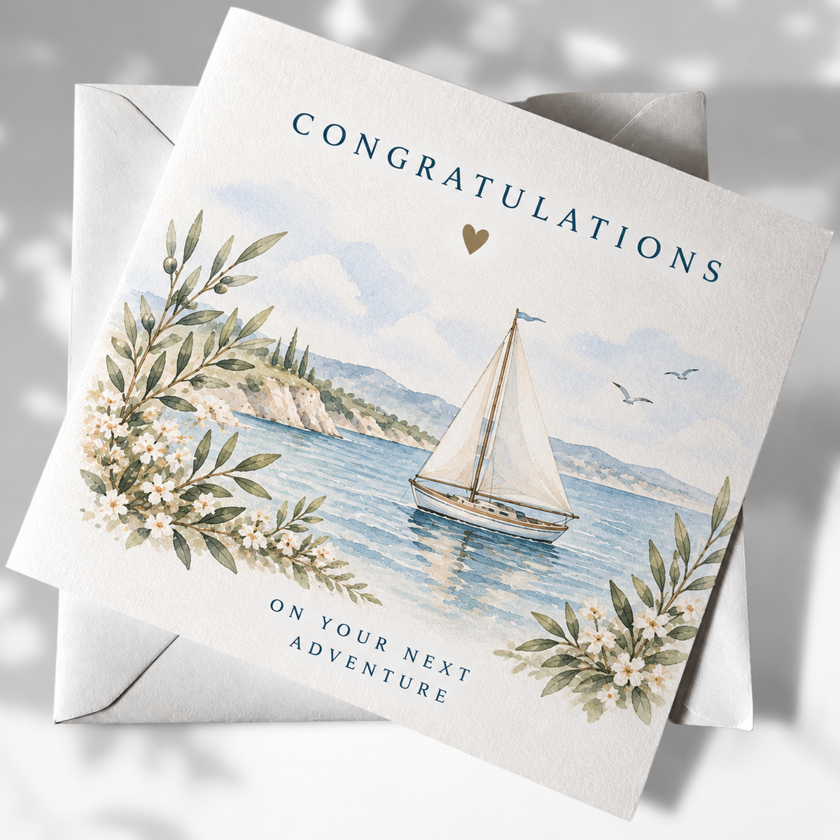 Congratulations coastal greeting card with sailing boat illustration