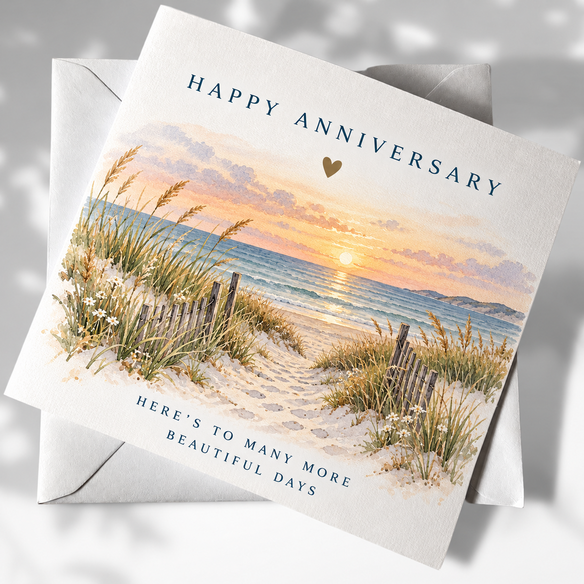 Happy Anniversary coastal greeting card with sunset beach path and dune grasses