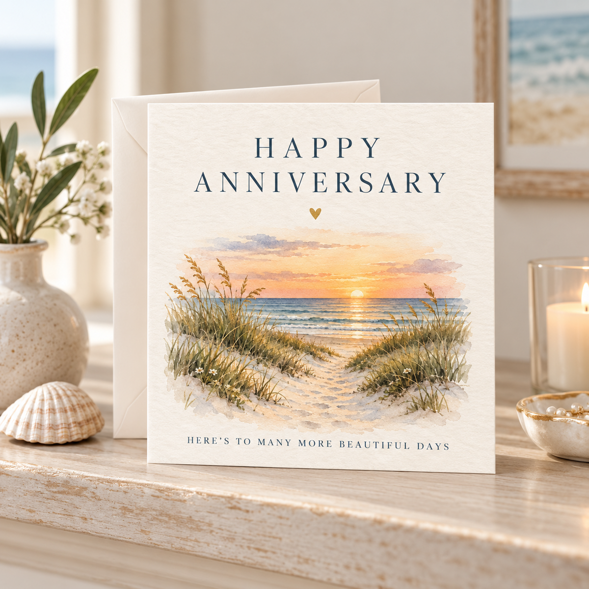 Happy Anniversary coastal greeting card styled in a warm coastal home setting