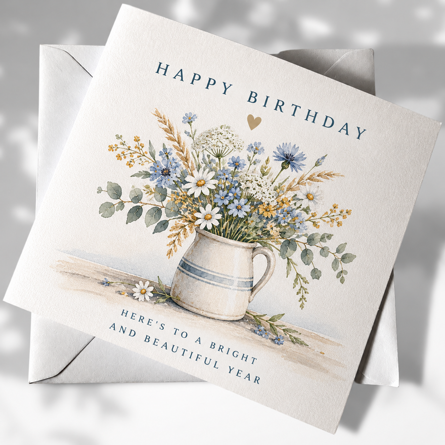 Happy Birthday coastal greeting card with a blue and white wildflower jug illustration