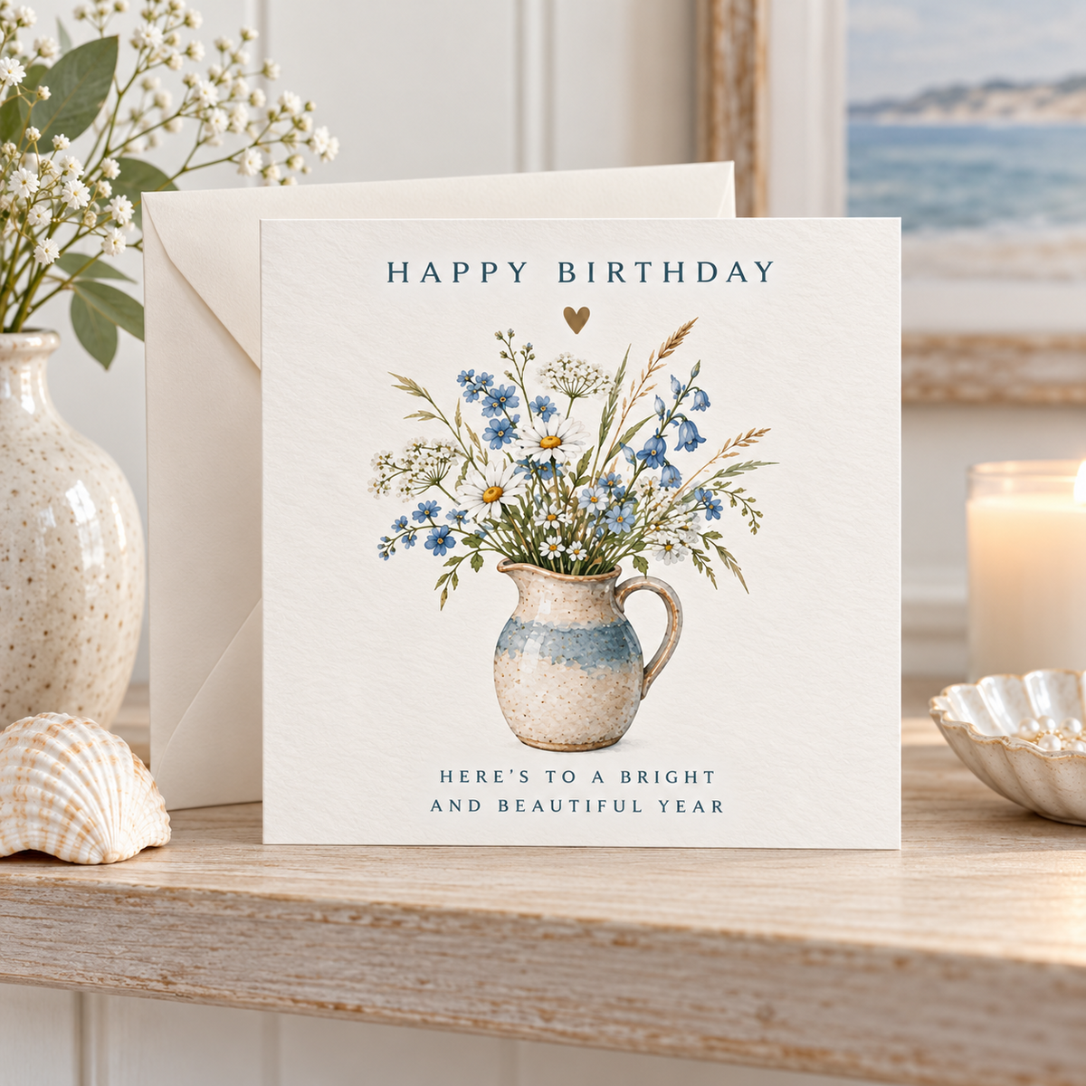Happy Birthday coastal greeting card styled in a warm coastal home setting