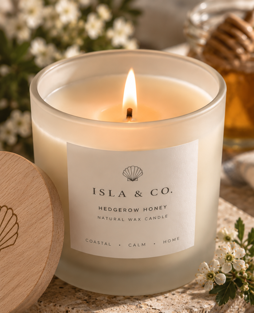 Close-up of Hedgerow Honey candle lit with honey and blossom styling