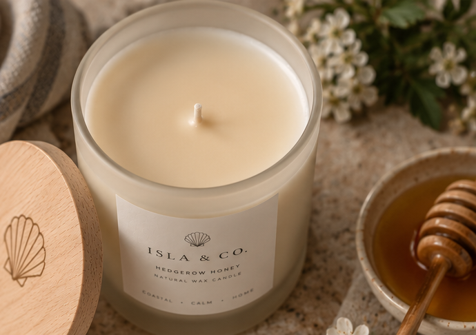 Top view of Hedgerow Honey candle with natural wooden lid and honey dipper