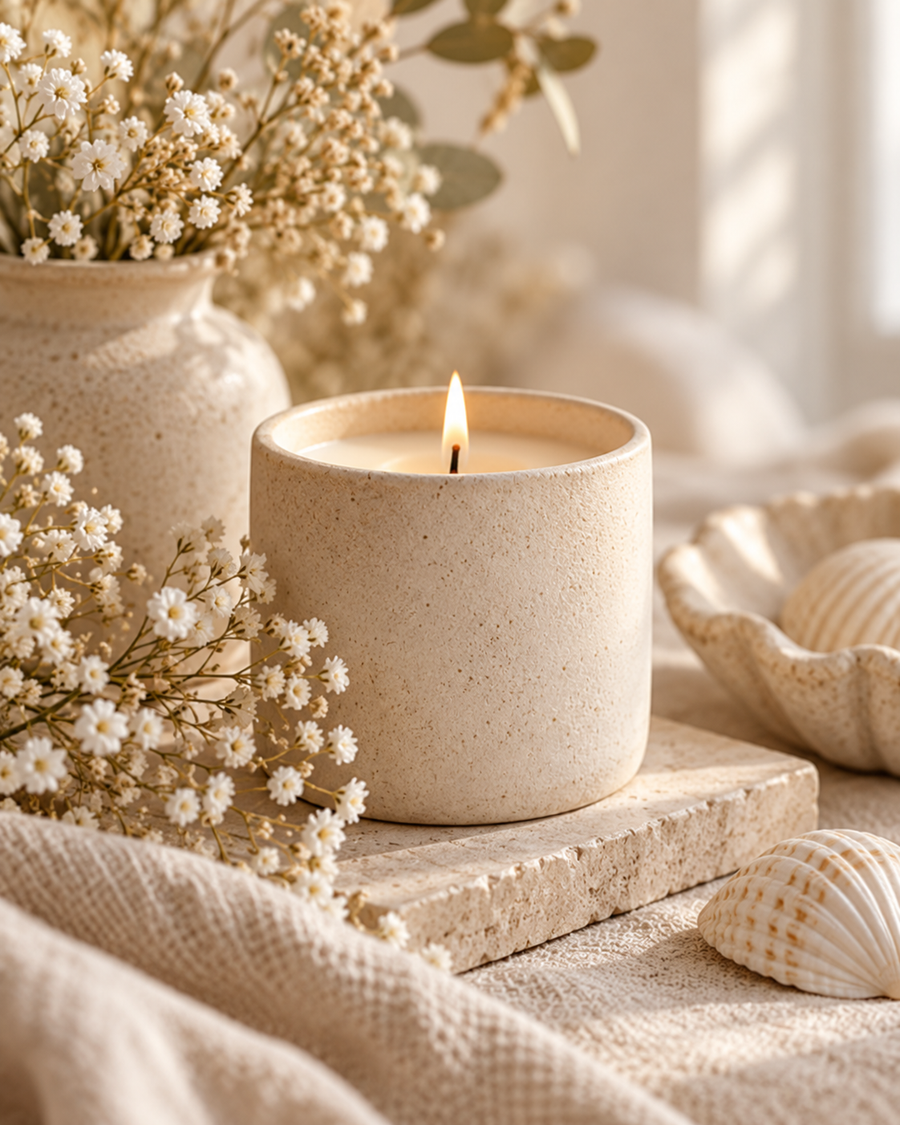 Coastal candle styling with soft neutral flowers and shells