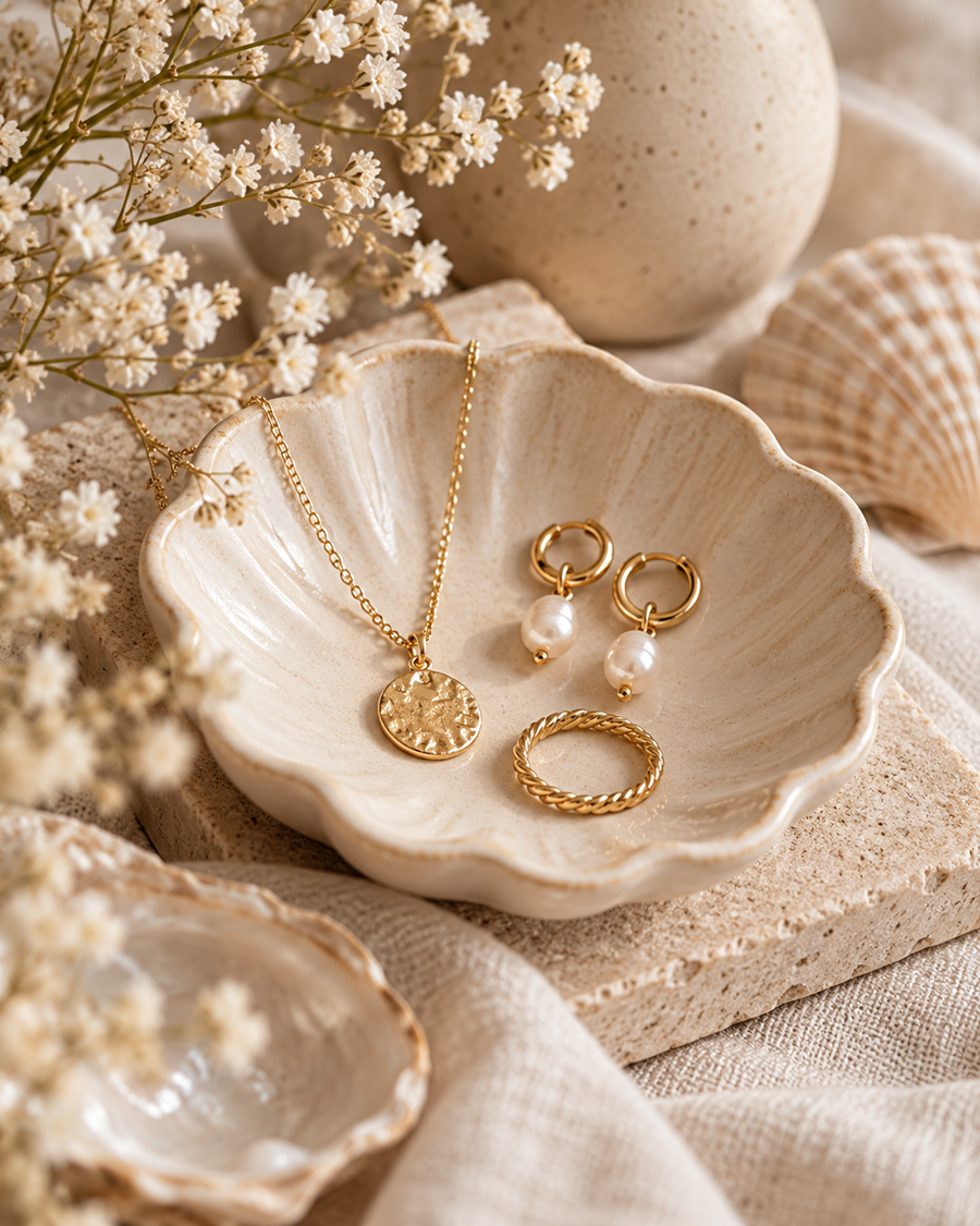 Gold and pearl jewellery arranged in a shell-shaped dish