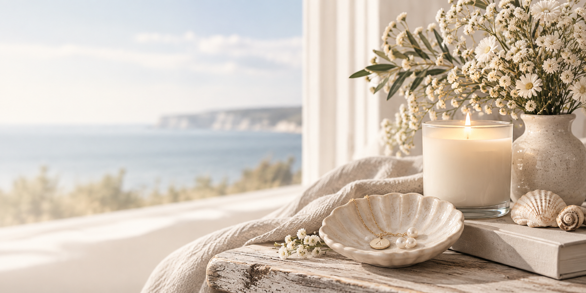Coastal still life with candle, pearl jewellery, shell dish and flowers