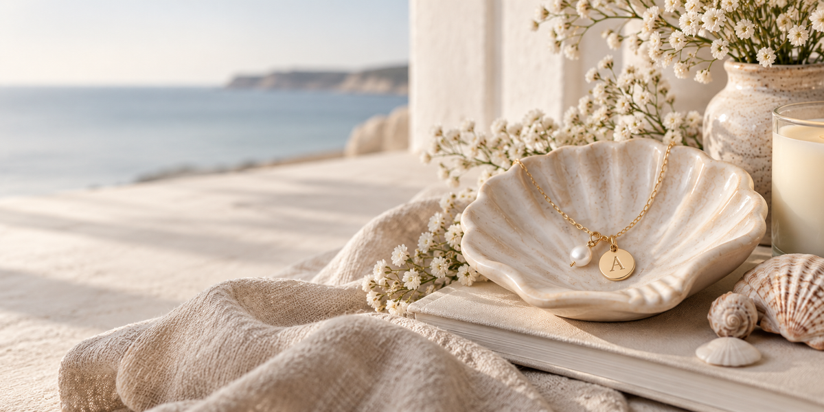Personalised gold pendant and pearl charm in a shell dish by the coast