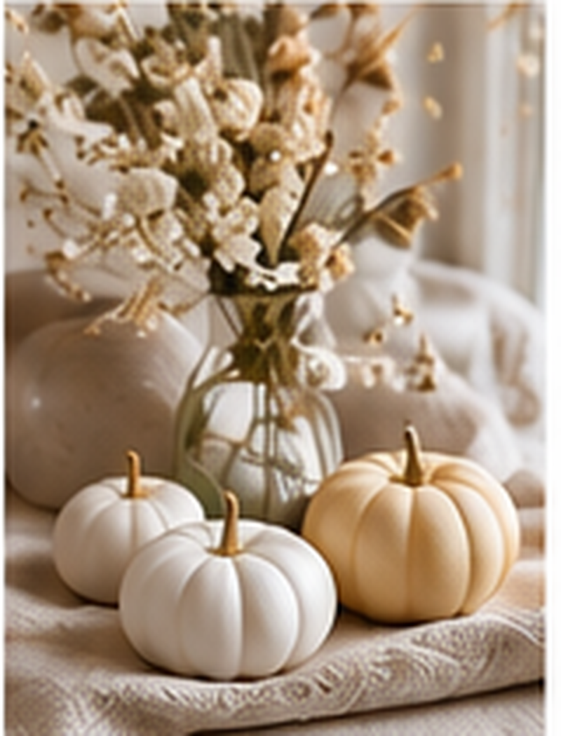 Soft neutral seasonal styling with miniature pumpkins and flowers