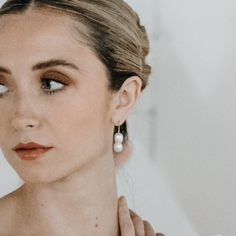 Callie Three Pearl Hoop Bridal Earrings in gold filled