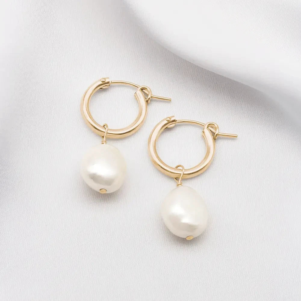 Sia large pearl hoop bridal earrings in gold filled