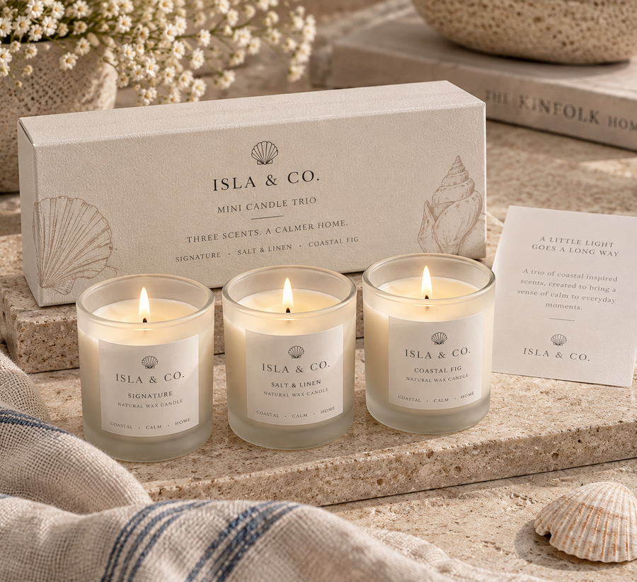 Isla & Co Mini Candle Trio gift set with Signature, Salt & Linen and Coastal Fig candles