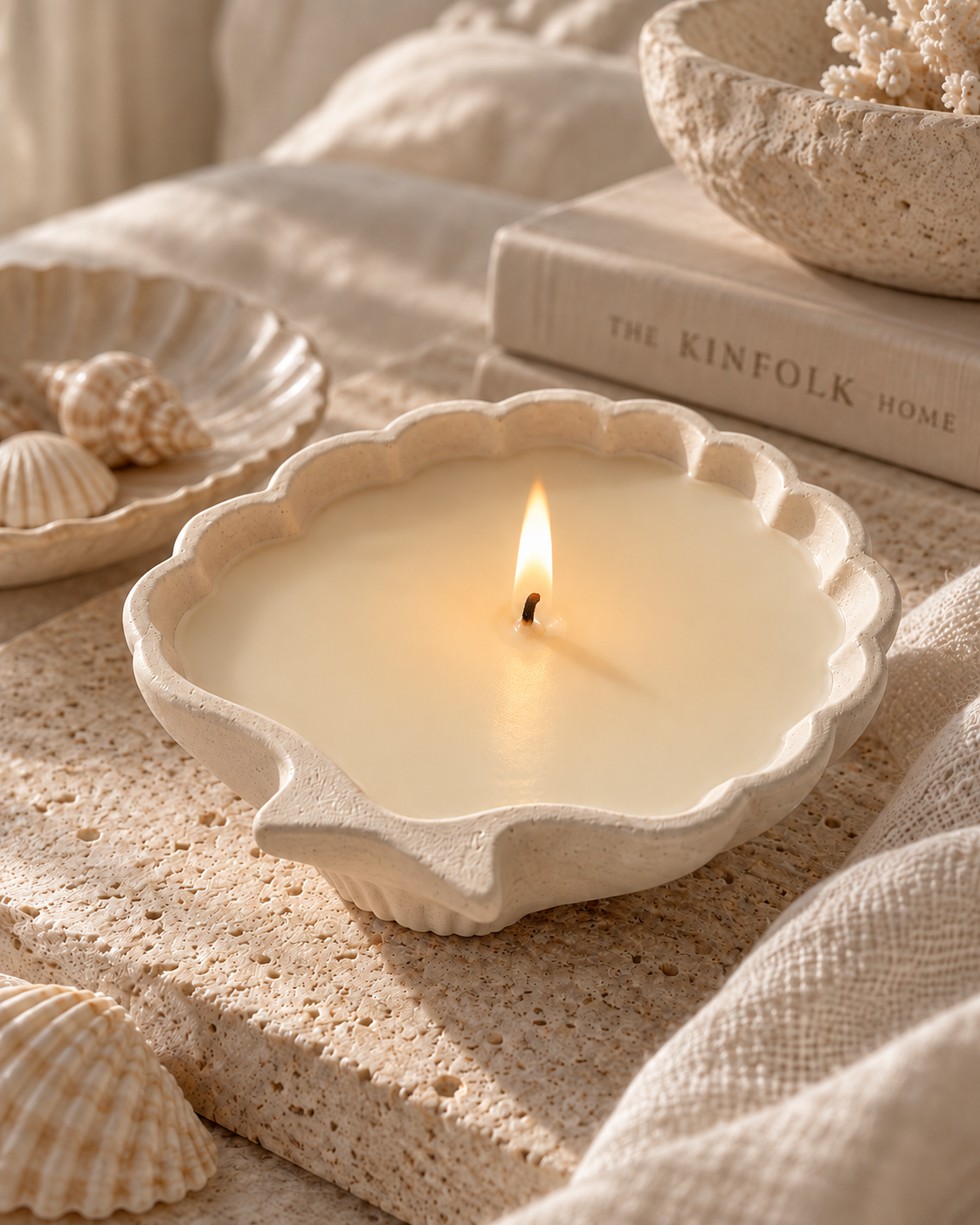 The Pearl Candle styled in a refined coastal home interior