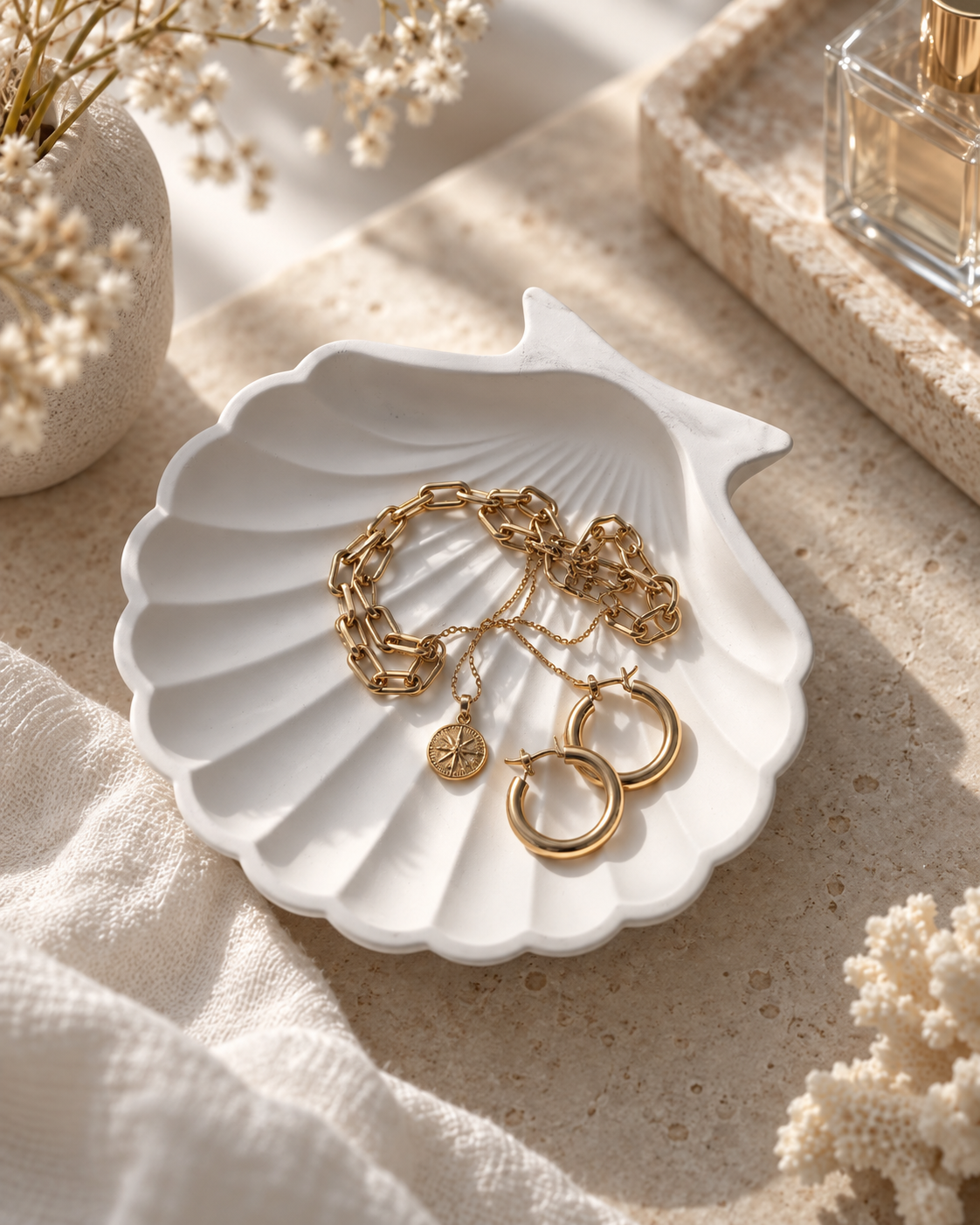 White shell jewellery dish styled with gold jewellery in a coastal home setting