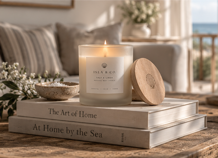 Salt & Linen candle styled in a coastal living room with natural wooden lid