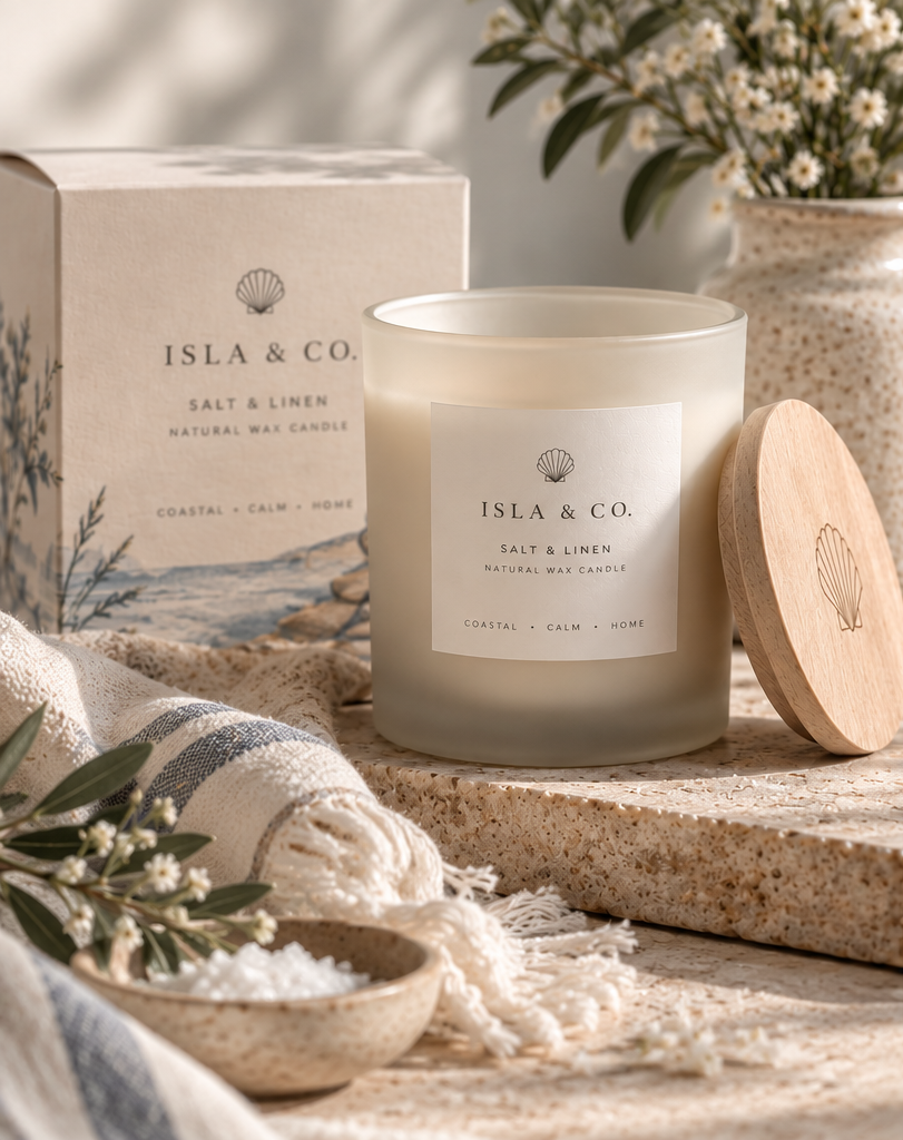 Salt & Linen candle with presentation box and natural wooden lid