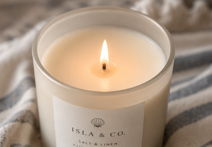 Close-up of the Salt & Linen candle lit with a single cotton wick