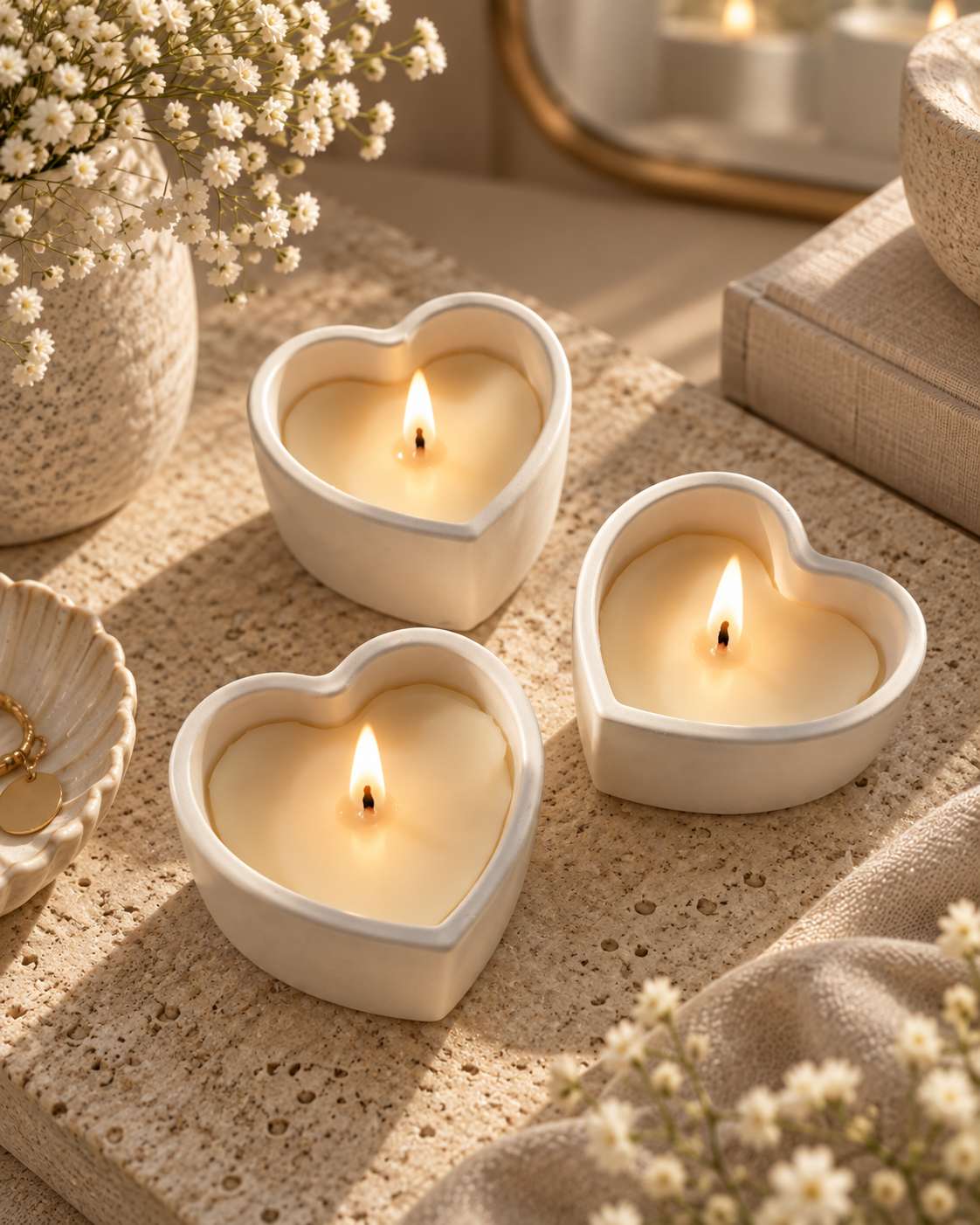 Stone Heart Candle Set styled in a calm neutral home interior