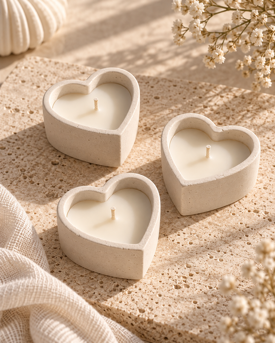 Three unlit heart candles in textured stone vessels
