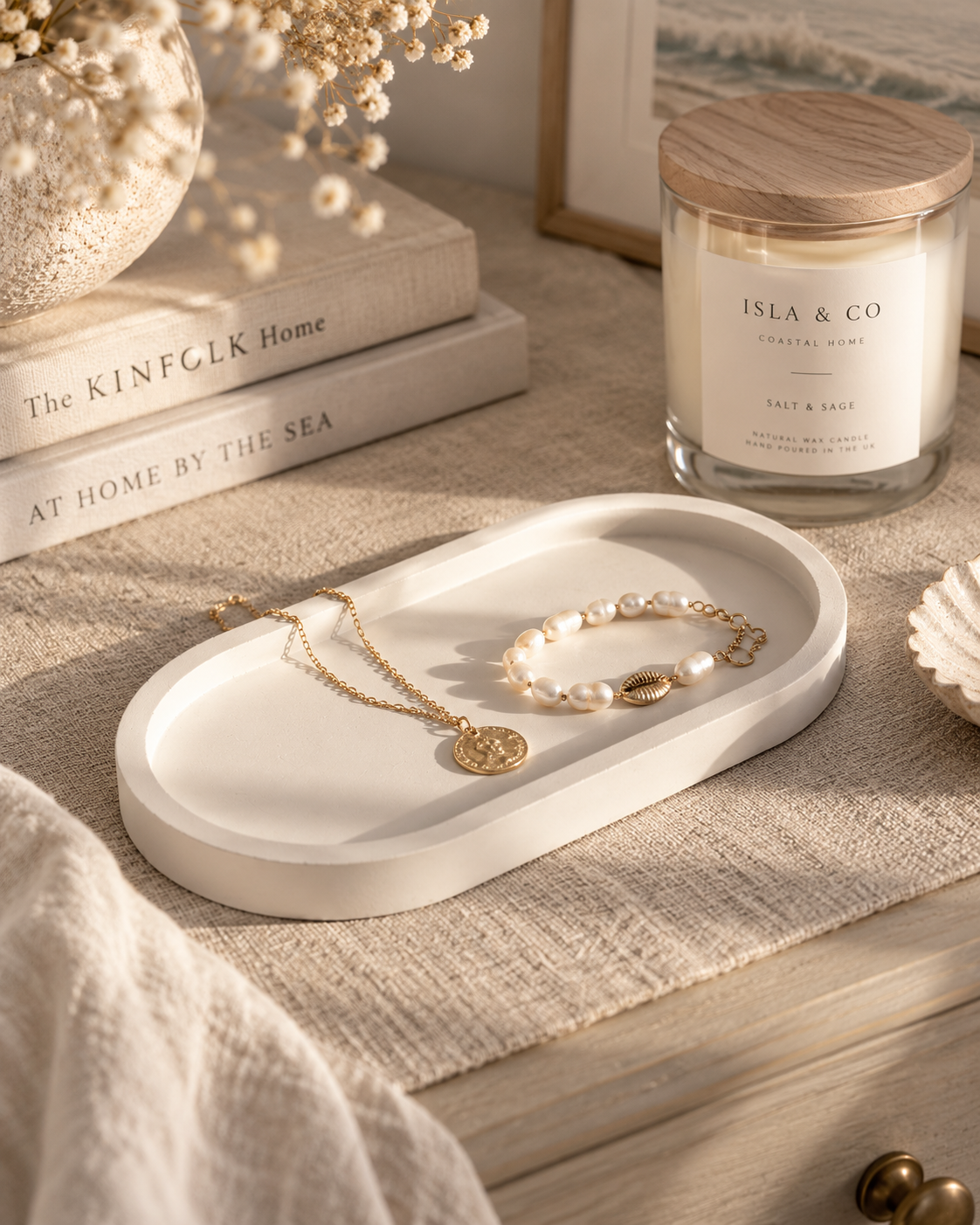 Stone oval tray styled with gold and pearl jewellery beside an Isla & Co candle