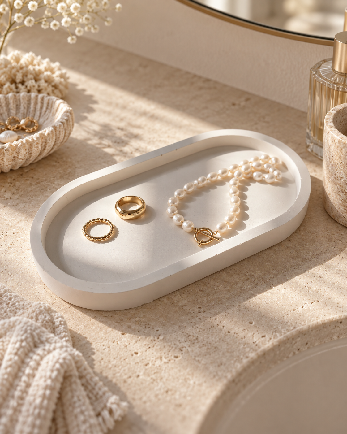 Stone oval tray styled on a dressing table with pearl and gold jewellery
