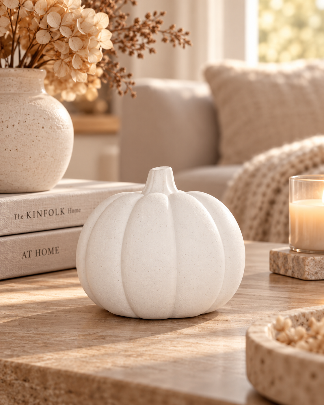 Stone pumpkin ornament styled in a warm neutral autumn living room