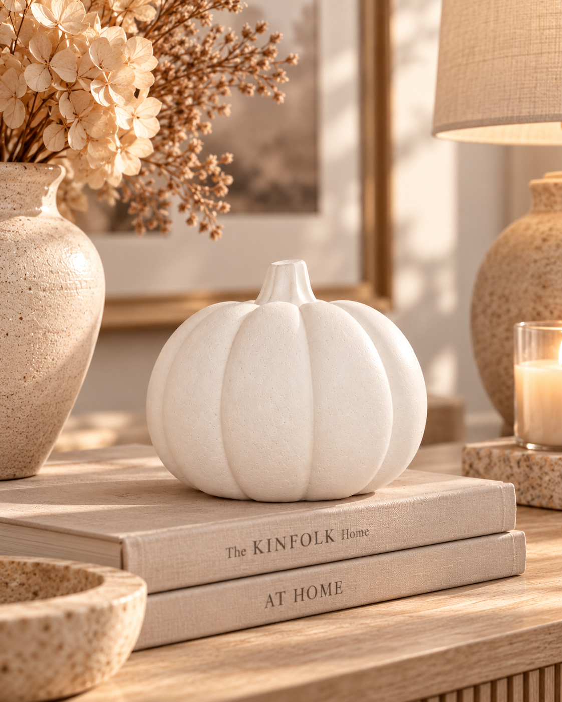 White stone pumpkin ornament styled on books in an autumn home interior