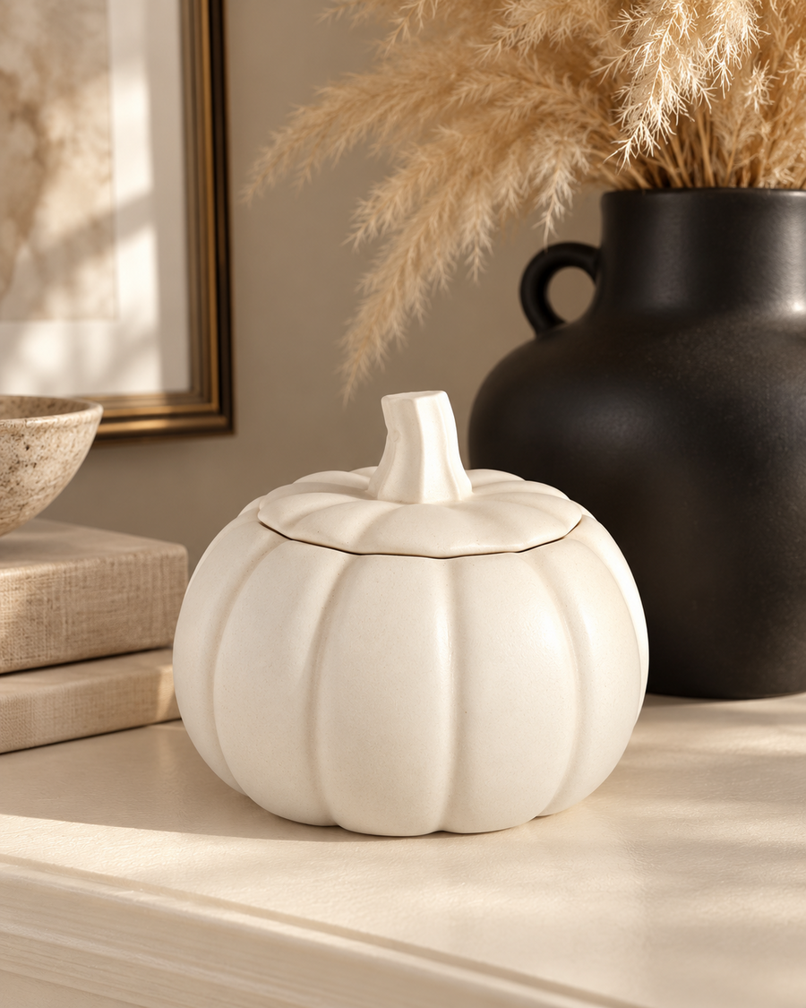 Stone pumpkin trinket pot styled in a warm neutral interior