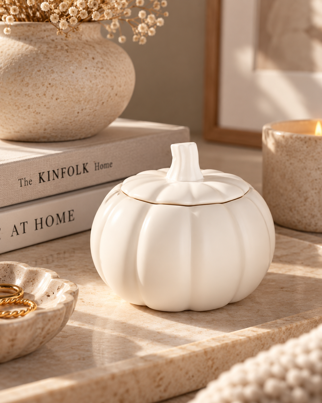 White stone pumpkin trinket pot on a softly lit console