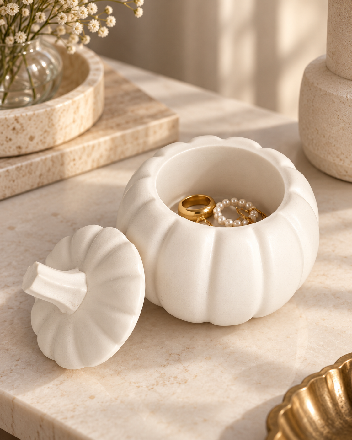Stone pumpkin trinket pot open with jewellery inside