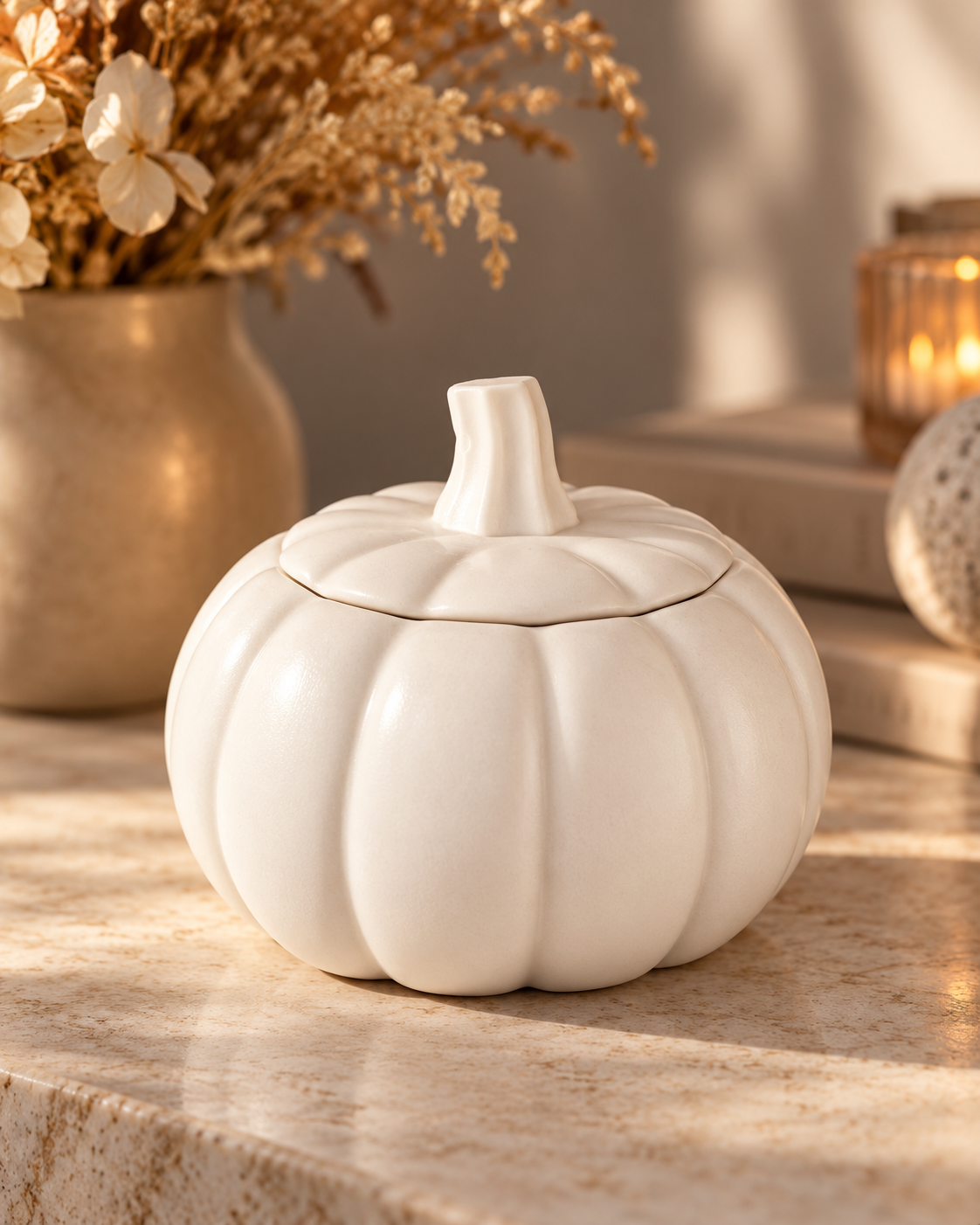 Stone pumpkin trinket pot in an elegant autumn home setting